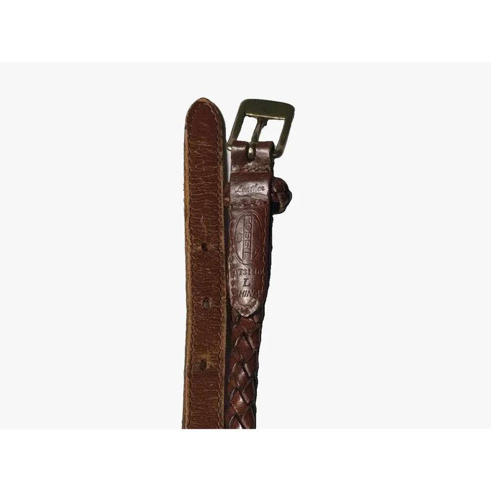 Vintage Fossil Leather Braided Belt Womens Size Large Brown Skinny 90s Rope